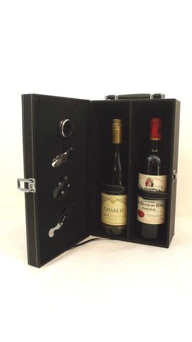 Stylish 5 piece Wine Case Gift Box Carrier Holder - 2 bottle Travel Bar Black - Woodlands Enterprises Ltd